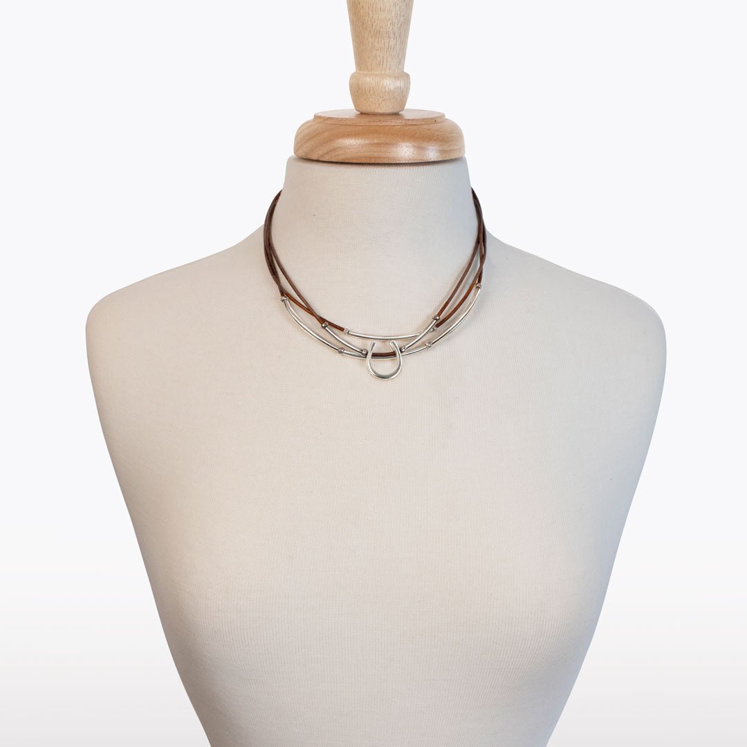 Calista - Equestrian Horseshoe Necklace on Brown Leather