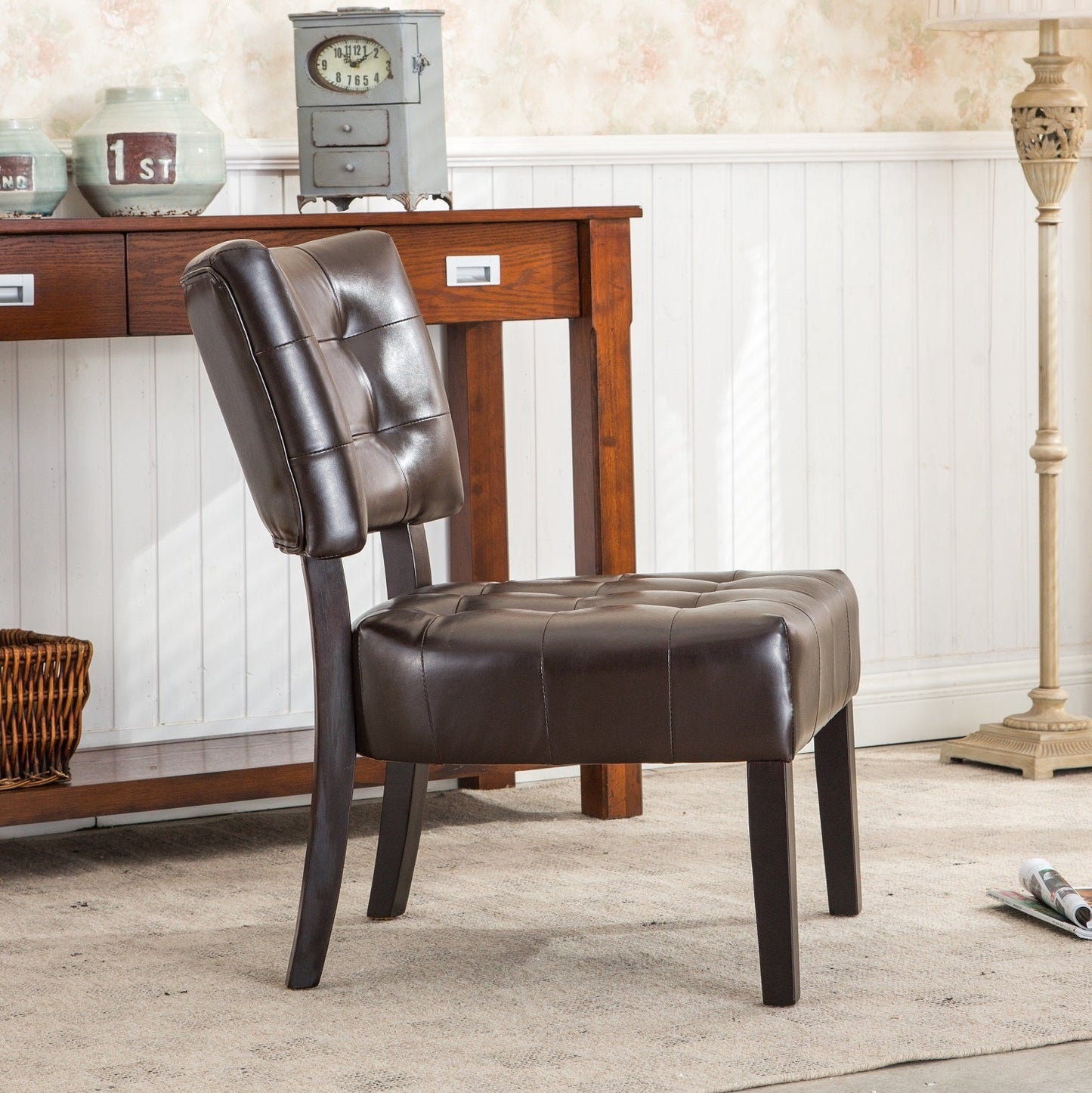 Accent Chair Tufted PU Leather Brown Oversized Hardwood Frame 27x31x34 In