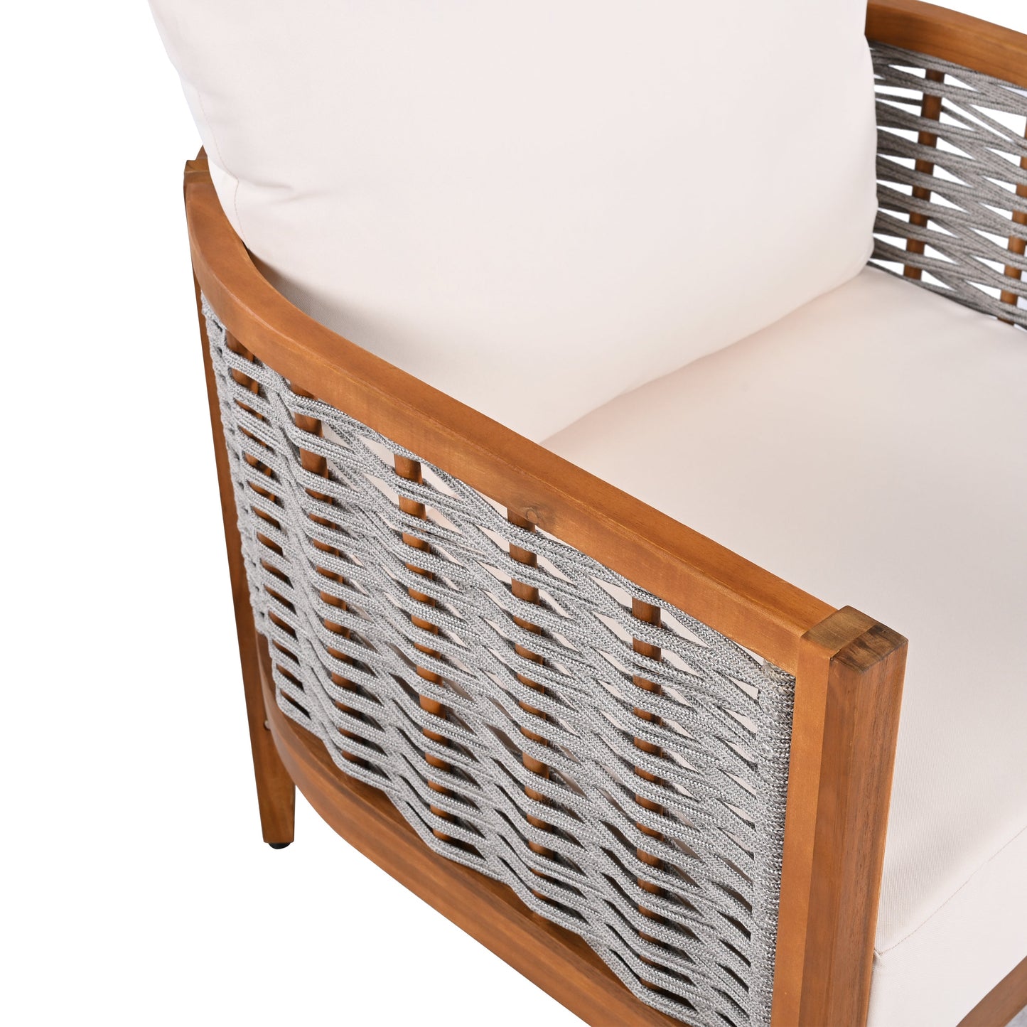 Outdoor Tub Design Armchair with Acacia Wood Teak Finish Beige Cushions