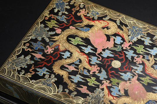 Old Wood Lacquer Wenfang Box – Gold-Outline Floral Dragon Storage