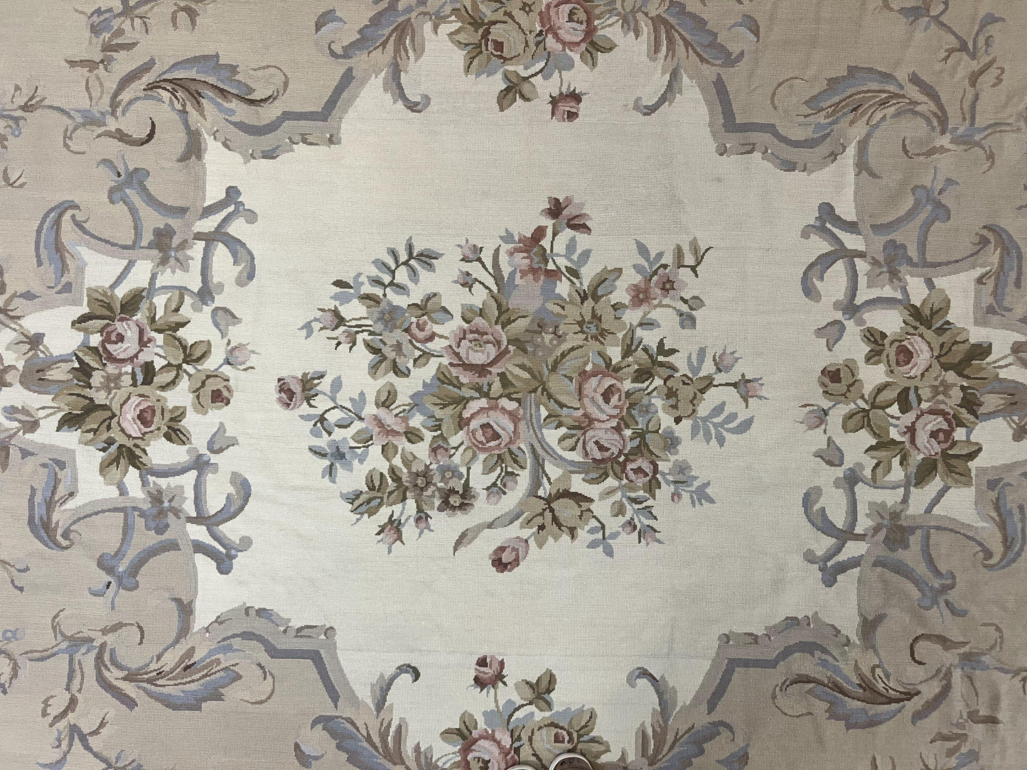 Aubusson Needlepoint Rug 9x12, VIntage Handmade Wool Beige Floral European Elegant Rug 9 x 12, Floral Roses