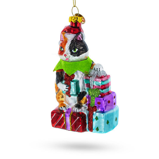 Cat Surrounded by Gift Boxes Glass Christmas Ornament