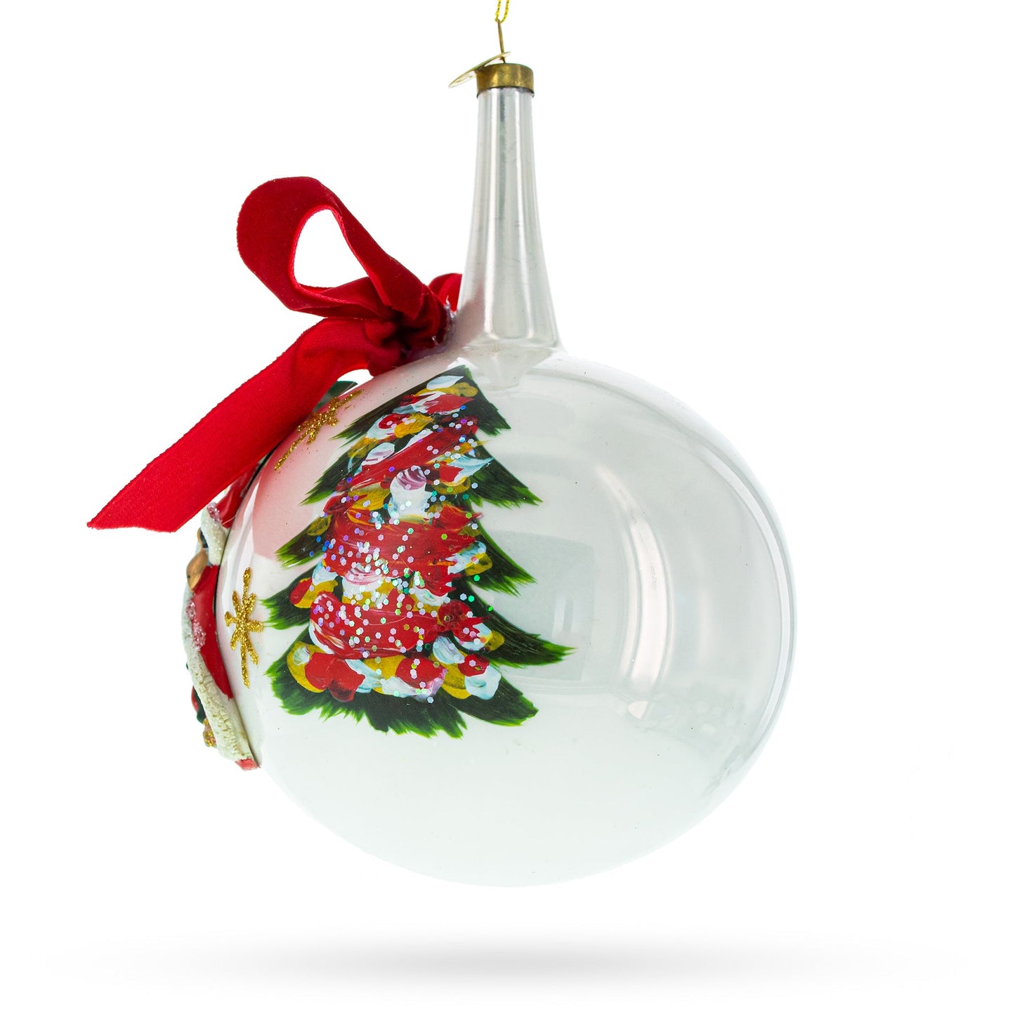 Large Santa with Christmas Tree with Red Bow Glass Ball Christmas Ornament 7 Inches