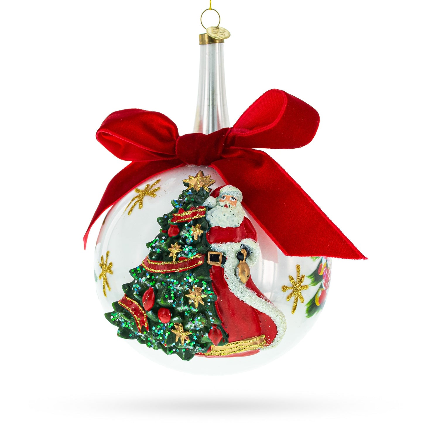 Large Santa with Christmas Tree with Red Bow Glass Ball Christmas Ornament 7 Inches