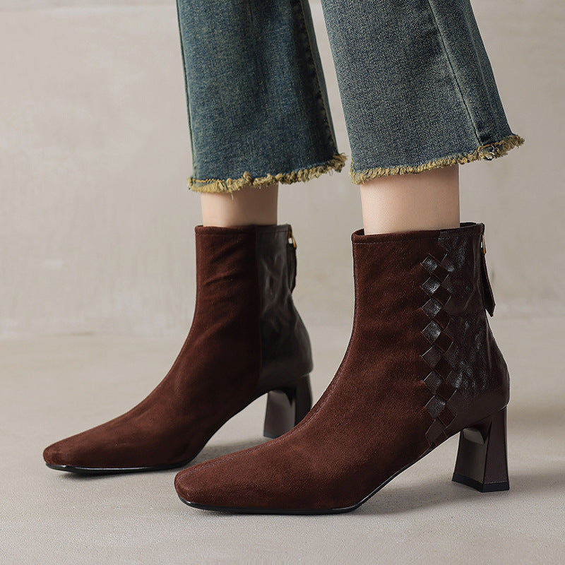 Women's Square Toe Chunky Heel Ankle Boots – Sheepskin Leather Patchwork