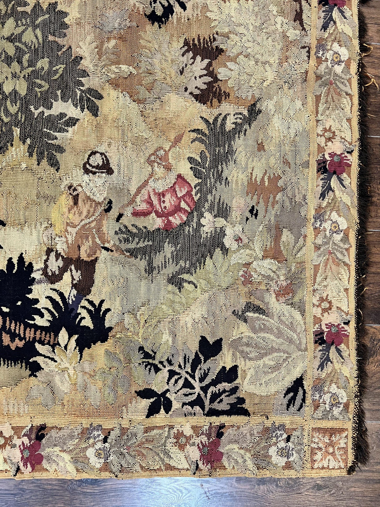Antique French Tapestry 6x5 ft, European Handmade Wool Aubusson Weave Vintage Tapestry