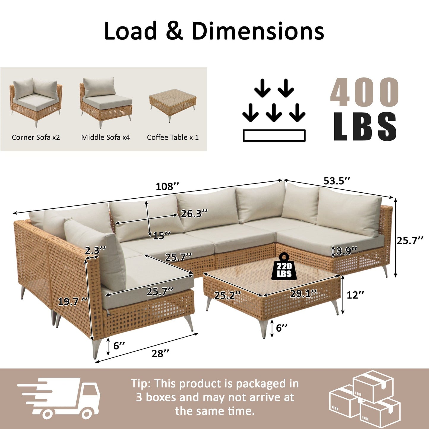 Patio Set Wicker Sectional with Water Resistant Beige Cushions and Coffee Table