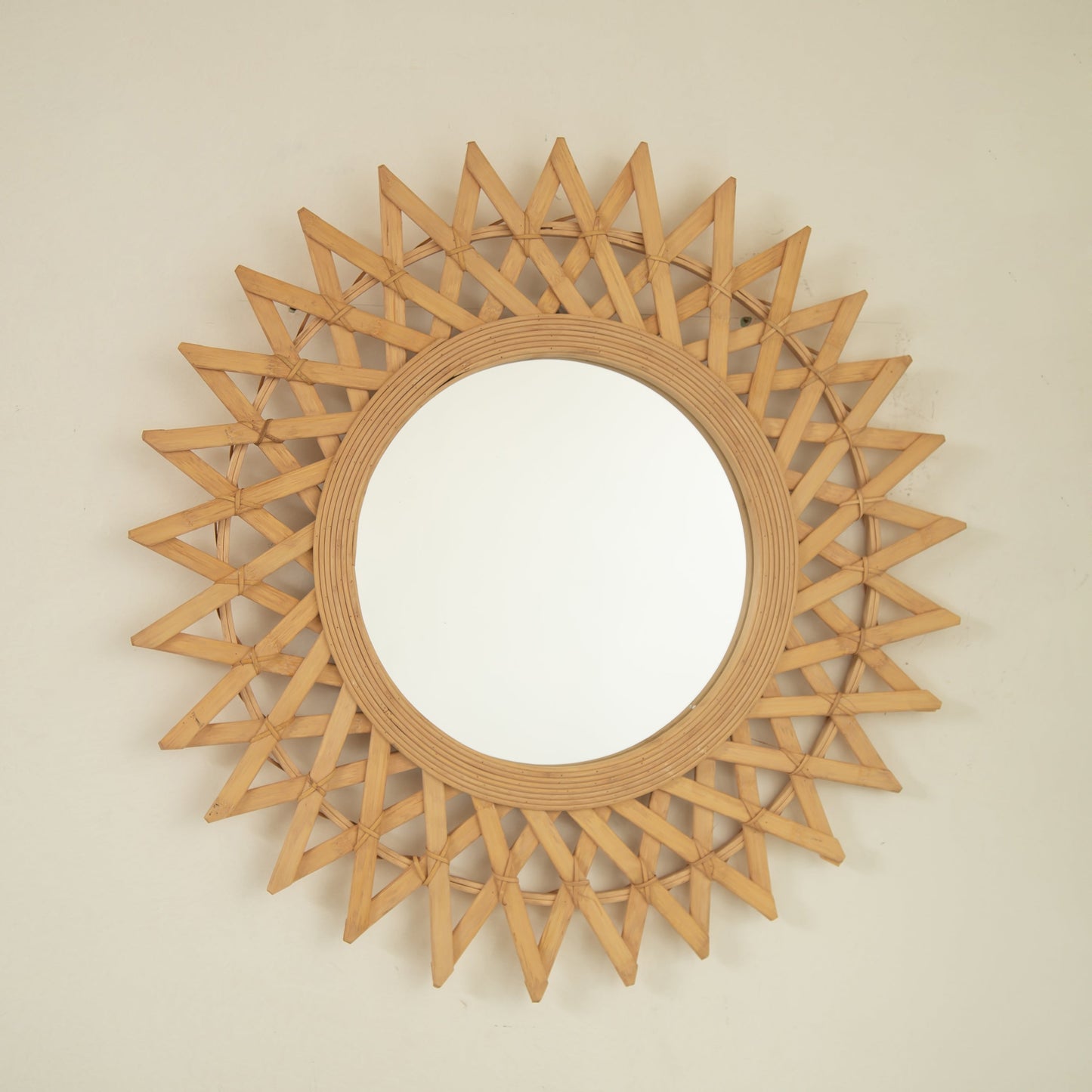 Wall Mirror Round Bamboo Hemp Rope Diamond Pattern Natural Boho 23.6 In