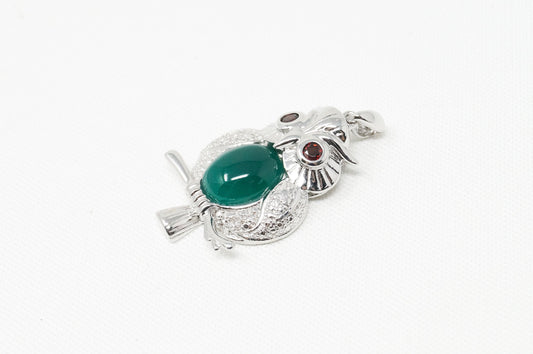 Vintage Green Chalcedony Garnet Wise Owl Sterling Silver Pendant Necklace