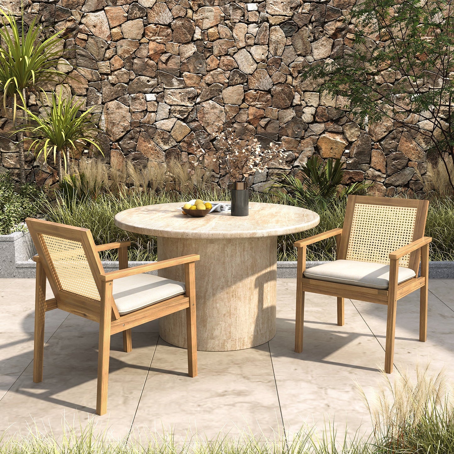 The Preston Acacia Wood and Rattan Outdoor Luxury Dining Chair with Cushion - Set of 2