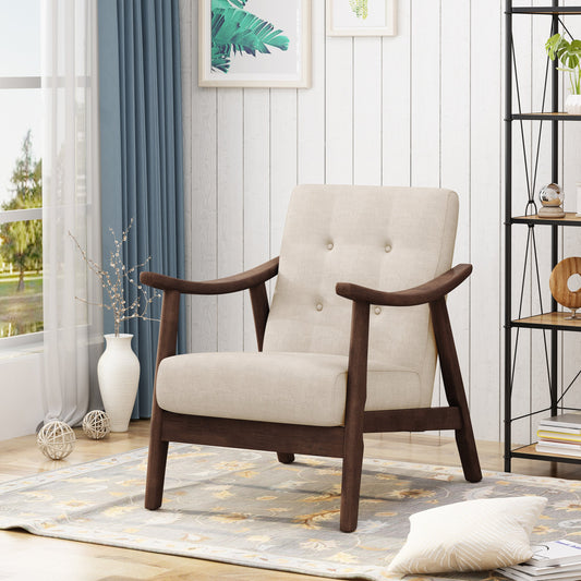 Accent Chair Mid-Century Tufted Beige Rubberwood Bent Arms 25x32x32 In