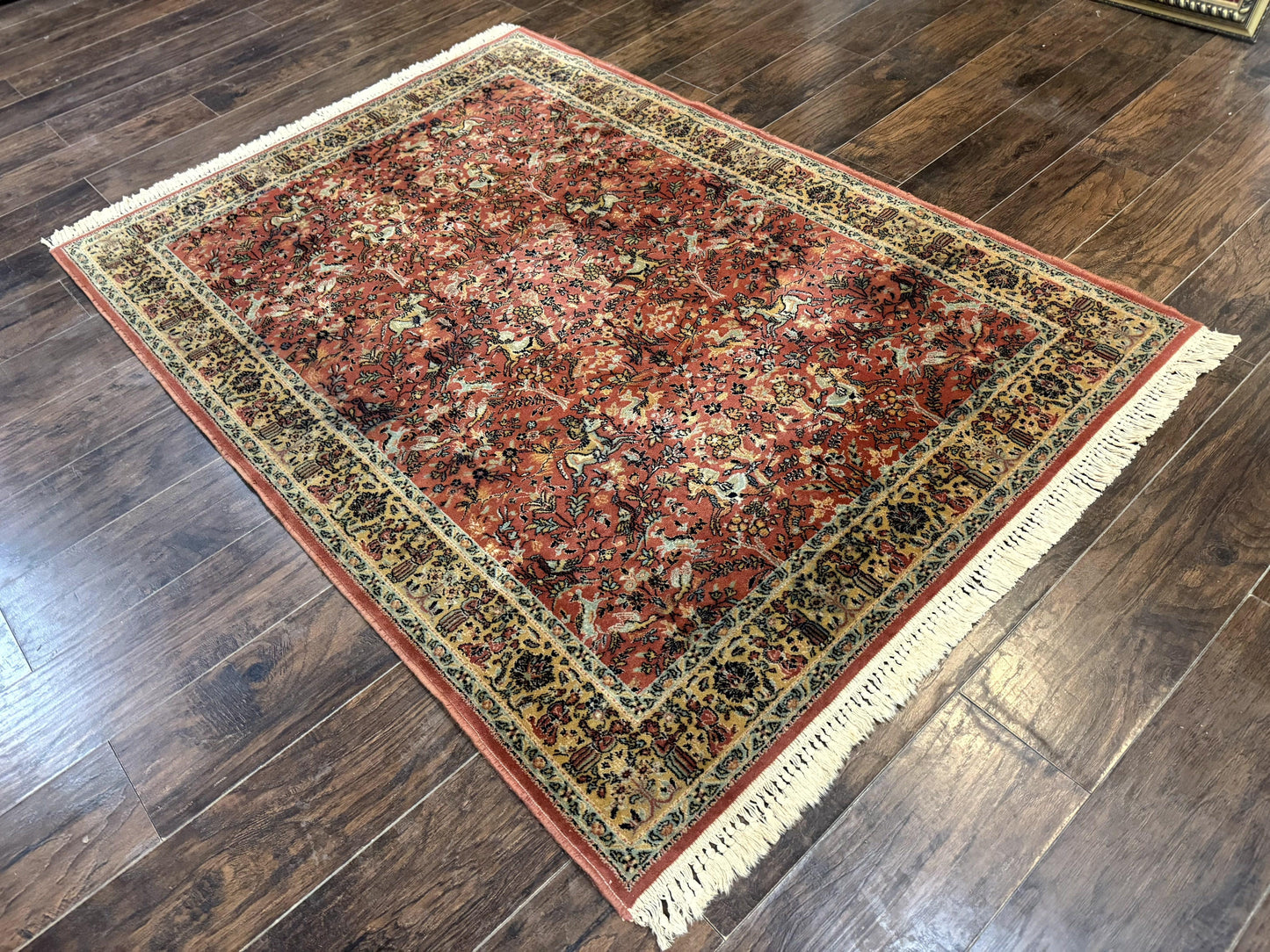 The Sporting Estate Antique Belgian Hunting Scene Rug — Red-Orange & Teal