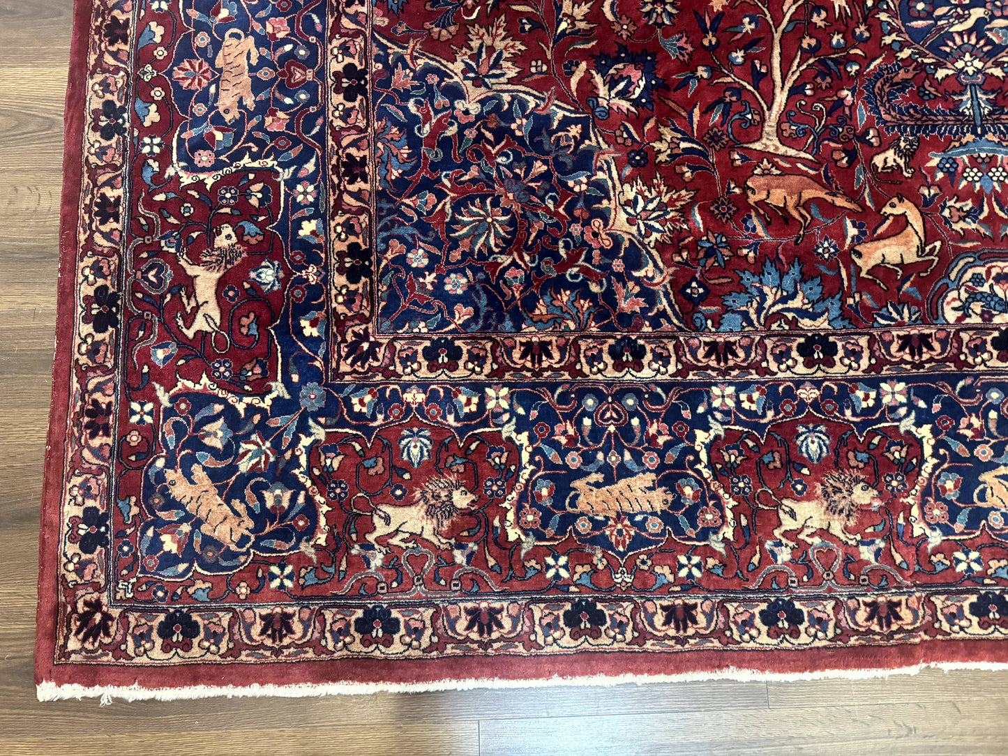 Antique Indo Persian Kerman Rug 9x12 Red Manchester Wool Animal Pictorials, Fine 290 KPSI