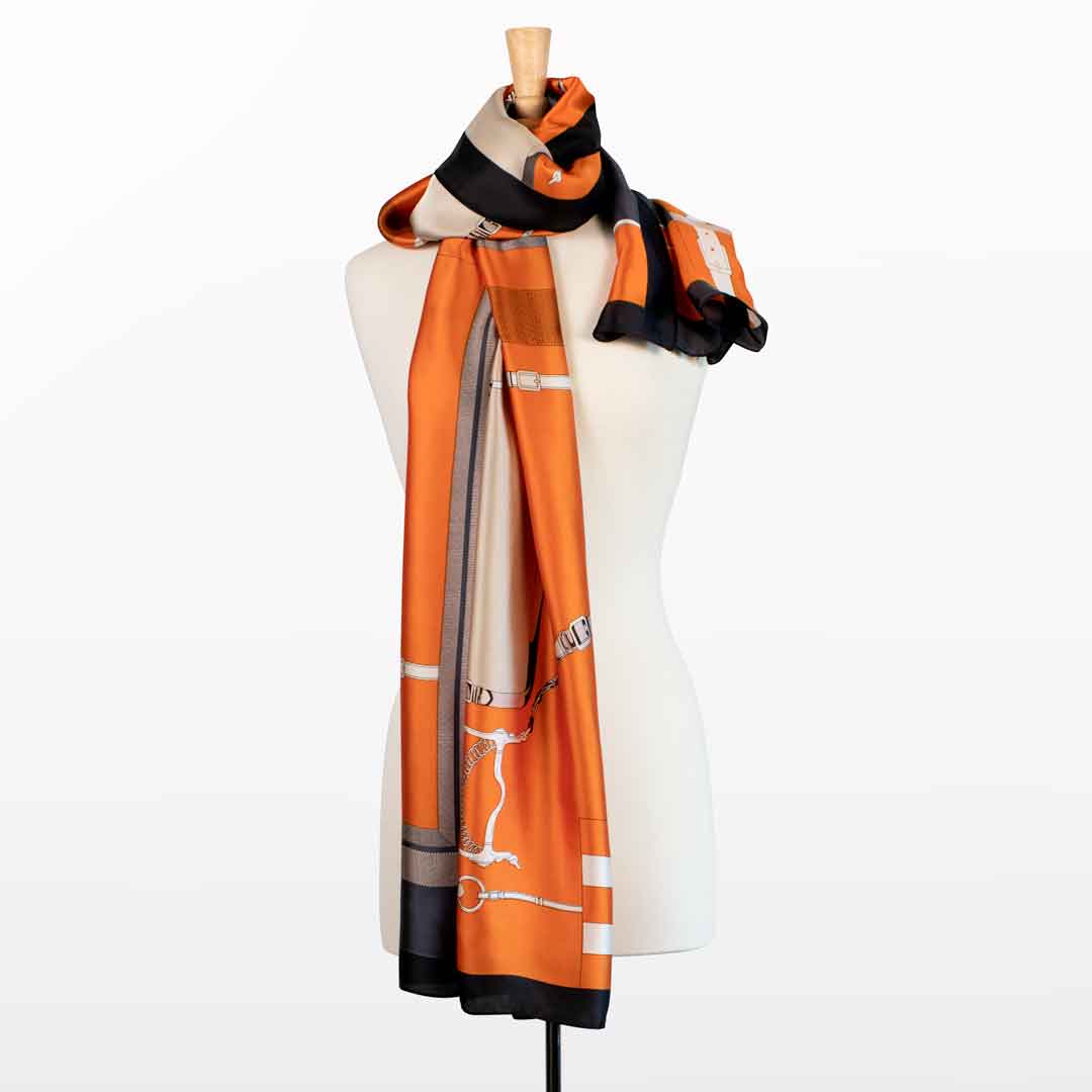Celine - Stylized Equestrian Scarf in Tangerine and Deep Blue