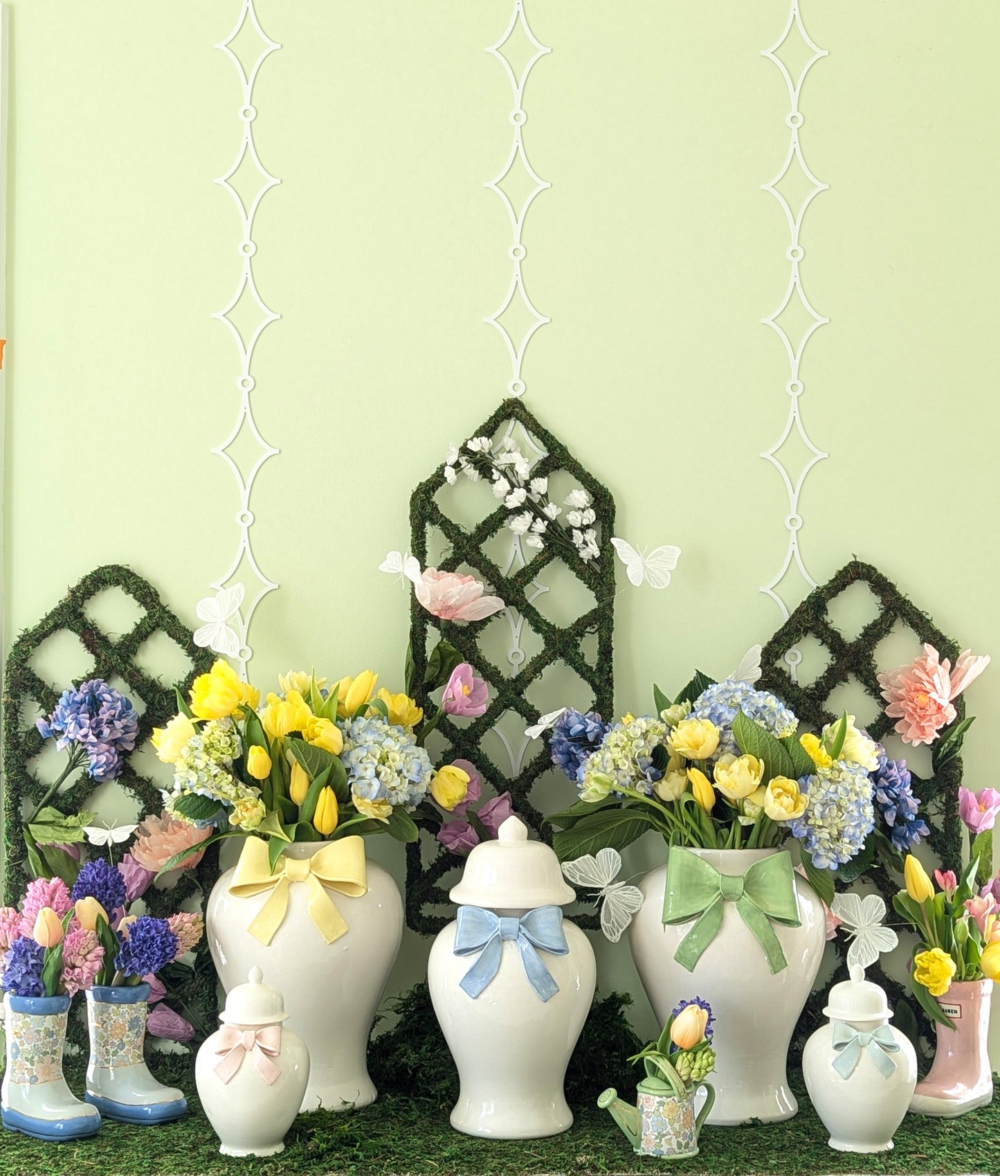 Ginger Jars with Sculpted Ceramic Bow in Serenity Blue