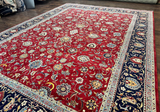 Pak Persian Rug 9x12, Red and Navy Blue, Floral Allover, Hand Knotted Vintage Wool Carpet, Fine 260 KPSI