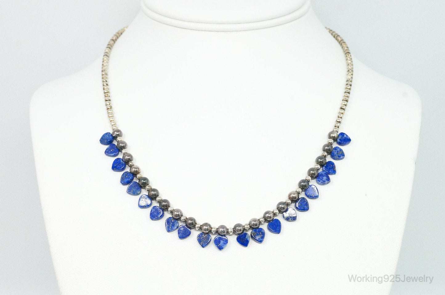 Vintage Native American QT Lapis Lazuli Bead Sterling Silver Necklace