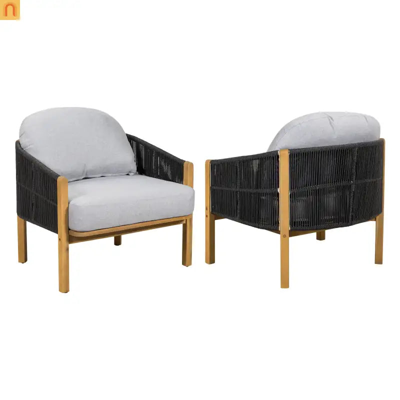 Outdoor Club Chair Acacia Wood Rope Woven Gray Cushion Set of 2