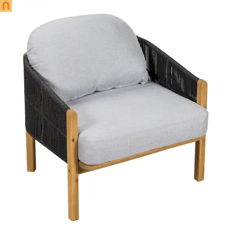 Outdoor Club Chair Acacia Wood Rope Woven Gray Cushion Set of 2