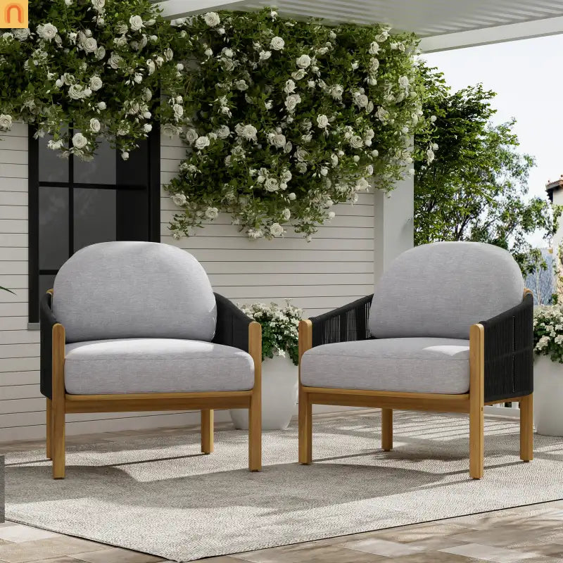 Outdoor Club Chair Acacia Wood Rope Woven Gray Cushion Set of 2