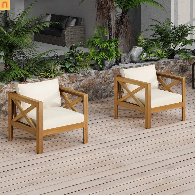 Chair Club Outdoor Acacia Wood Teak Finish with Beige Cushions Set of 2
