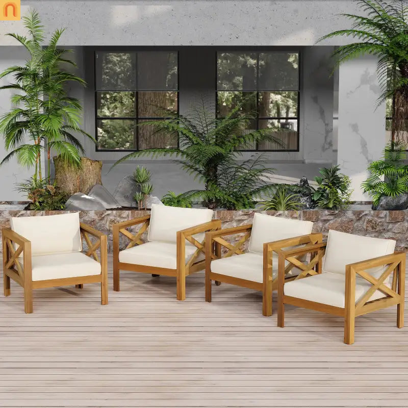 Chair Club Outdoor Acacia Wood Teak Finish with Beige Cushions Set of 2