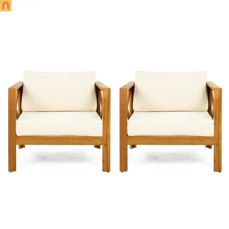 Chair Club Outdoor Acacia Wood Teak Finish with Beige Cushions Set of 2