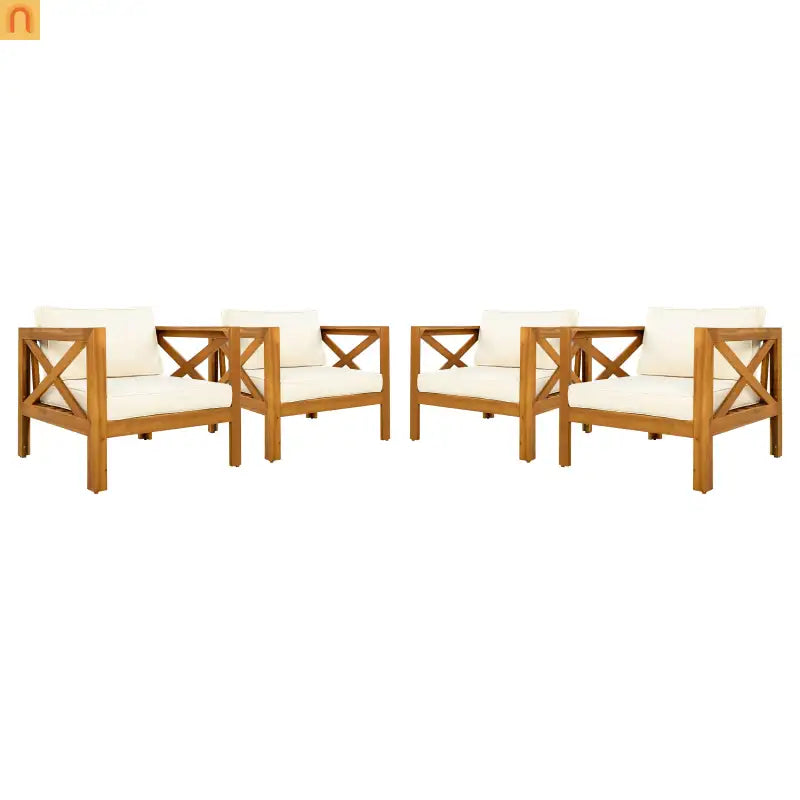 Chair Club Outdoor Acacia Wood Teak Finish with Beige Cushions Set of 2