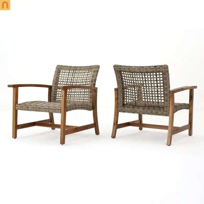 Chair Outdoor Acacia Wood Wicker Natural Grey Two-Piece Stylish Set