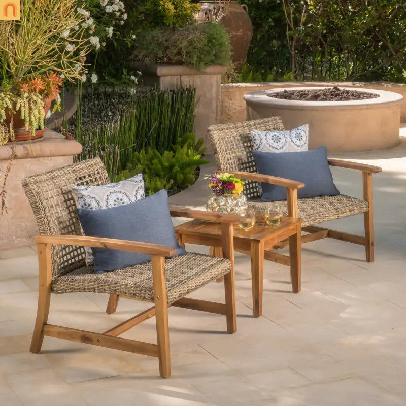 Chair Outdoor Acacia Wood Wicker Natural Grey Two-Piece Stylish Set
