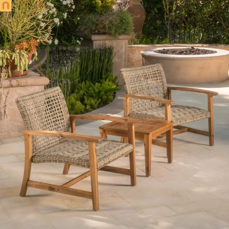 Chair Outdoor Acacia Wood Wicker Natural Grey Two-Piece Stylish Set