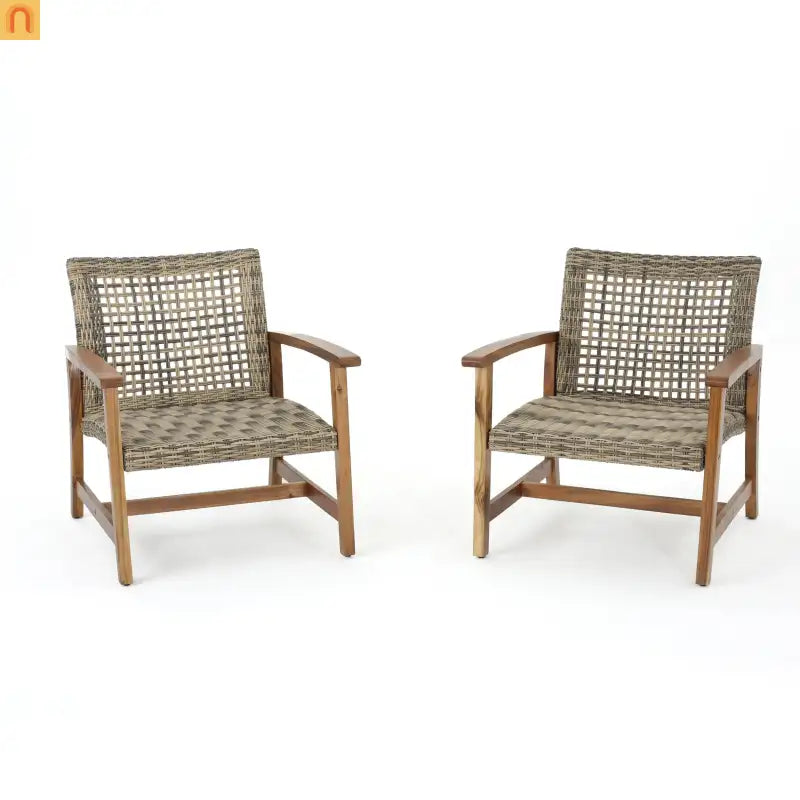 Chair Outdoor Acacia Wood Wicker Natural Grey Two-Piece Stylish Set