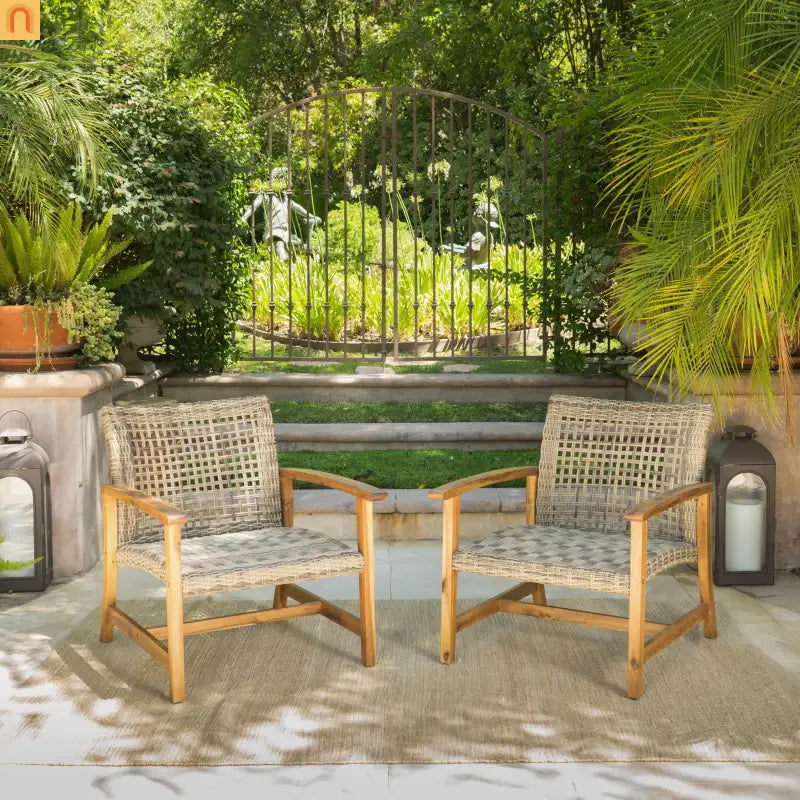Chair Outdoor Acacia Wood Wicker Natural Grey Two-Piece Stylish Set