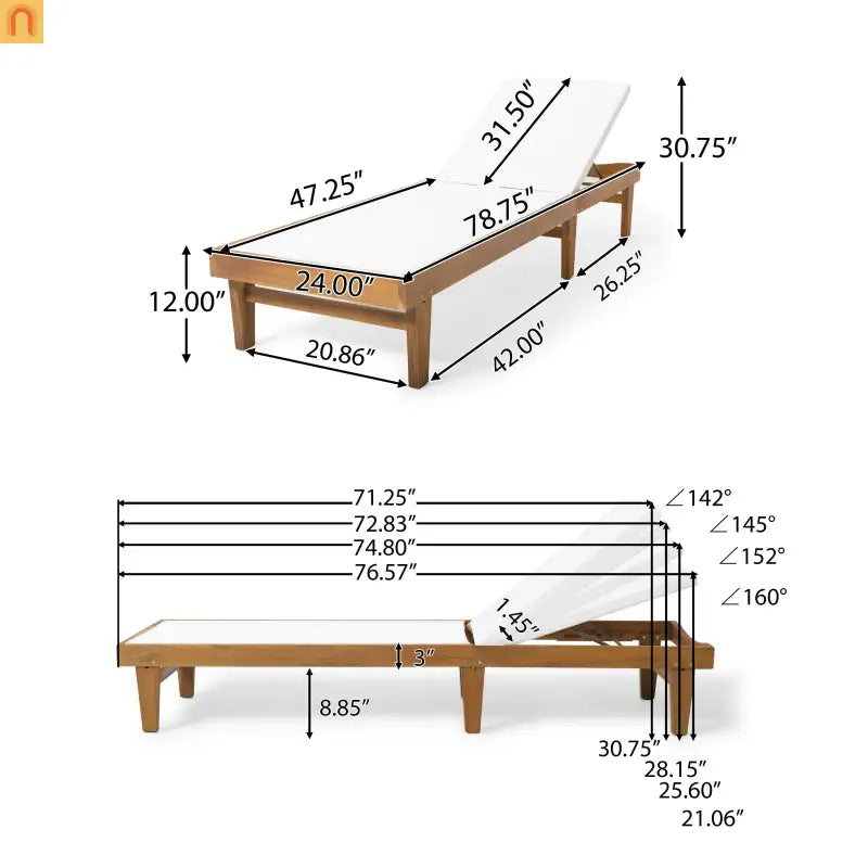 Chair Outdoor Chaise Acacia Wood Teak Color Adjustable Back 78.75in Length