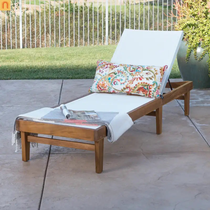 Chair Outdoor Chaise Acacia Wood Teak Color Adjustable Back 78.75in Length