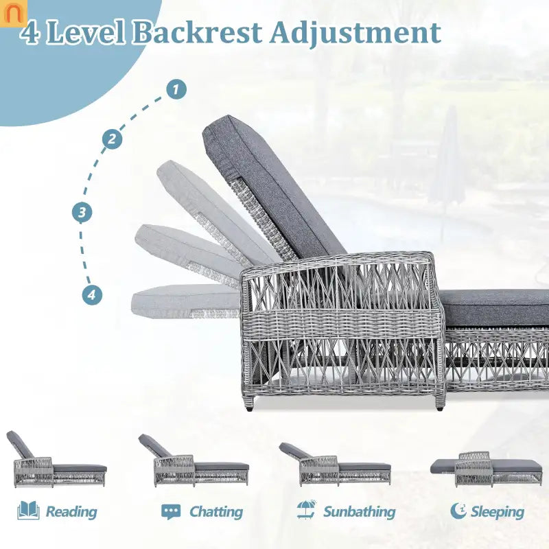 Chair Outdoor Chaise Lounge Wicker Gray Removable Cushions 77.5in