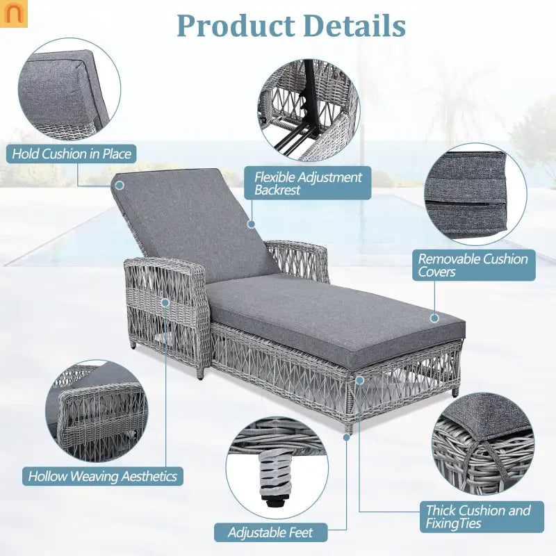 Chair Outdoor Chaise Lounge Wicker Gray Removable Cushions 77.5in