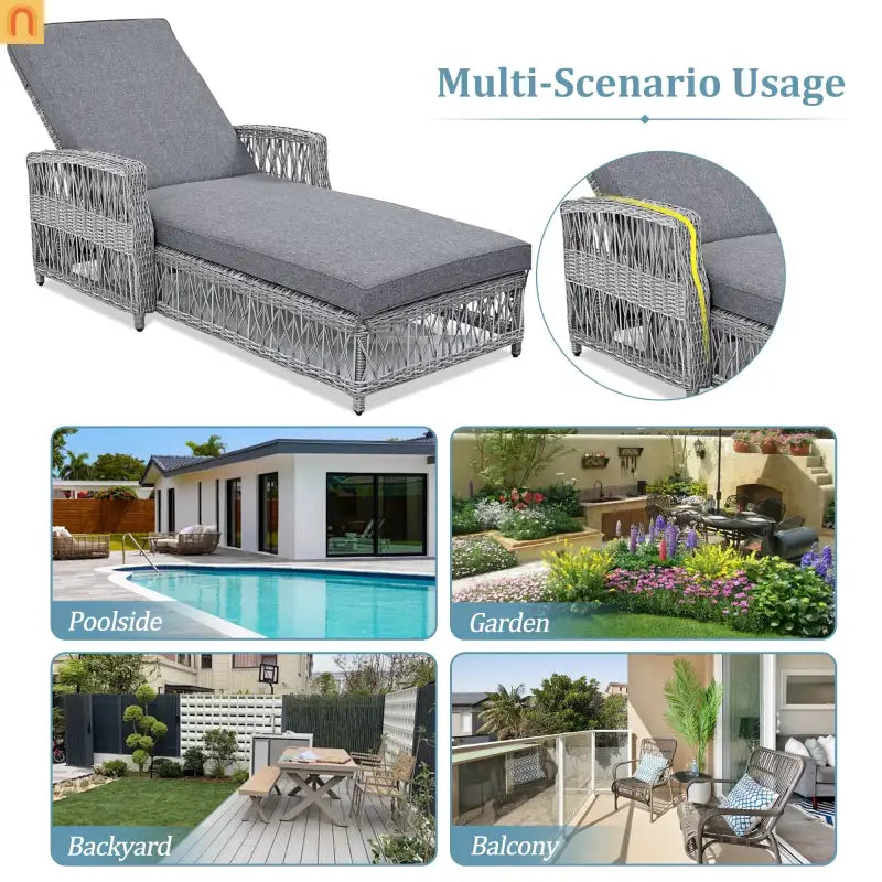 Chair Outdoor Chaise Lounge Wicker Gray Removable Cushions 77.5in