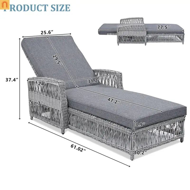 Chair Outdoor Chaise Lounge Wicker Gray Removable Cushions 77.5in