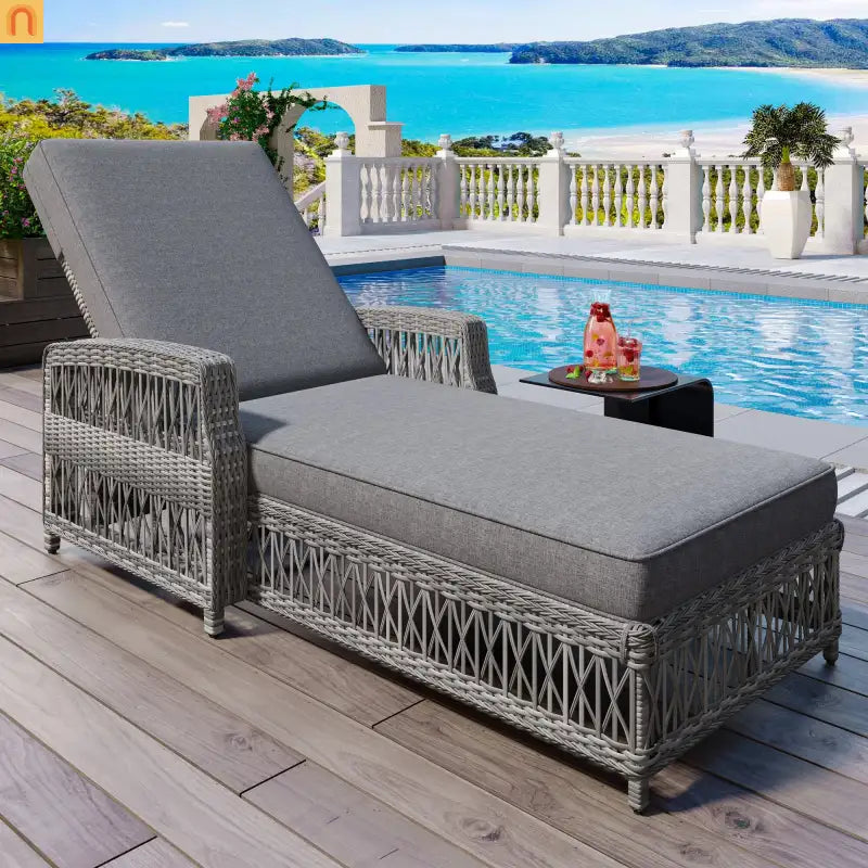 Chair Outdoor Chaise Lounge Wicker Gray Removable Cushions 77.5in