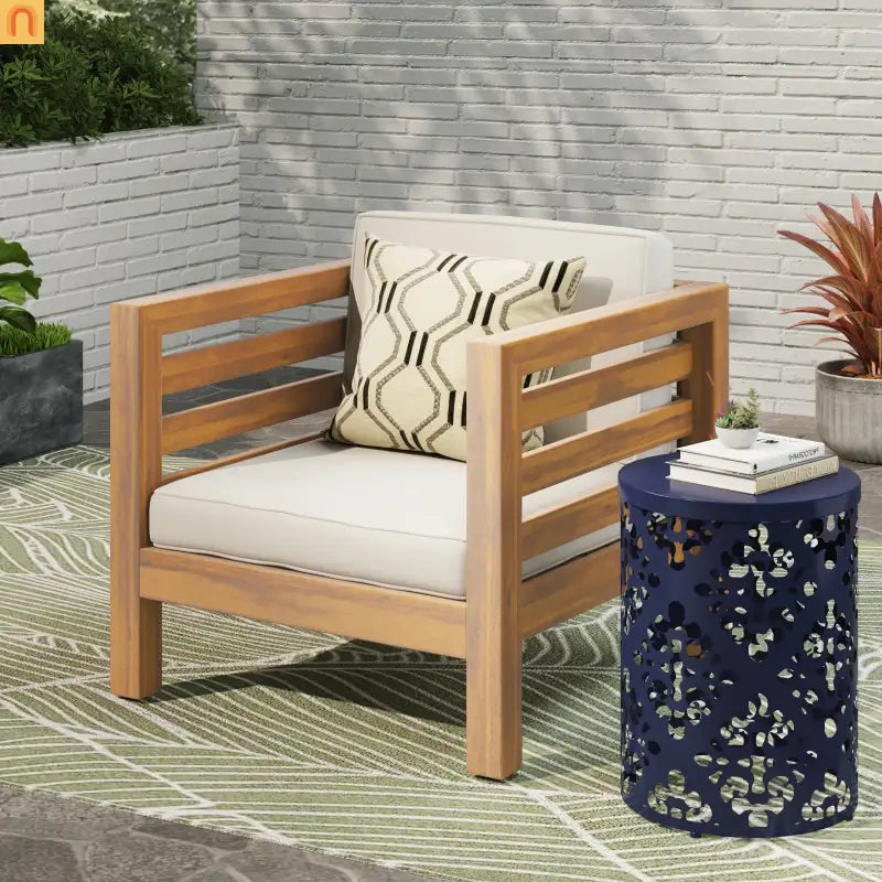 Chair Outdoor Club Acacia Wood Teak Frame Beige Cushion 30in Square