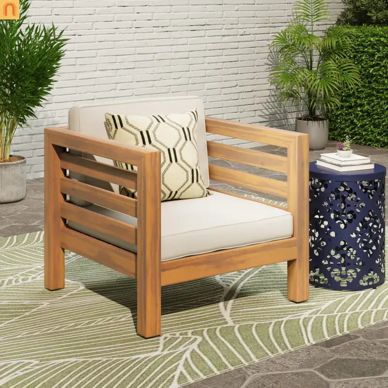 Chair Outdoor Club Acacia Wood Teak Frame Beige Cushion 30in Square
