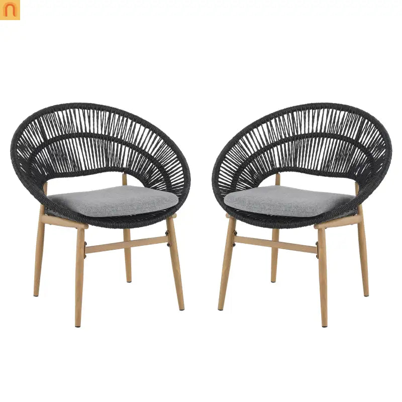 Chair Papasan Style Outdoor Wicker with Gray Cushions and Teak Legs Set of 2