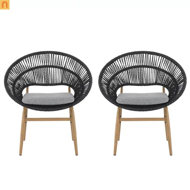 Chair Papasan Style Outdoor Wicker with Gray Cushions and Teak Legs Set of 2