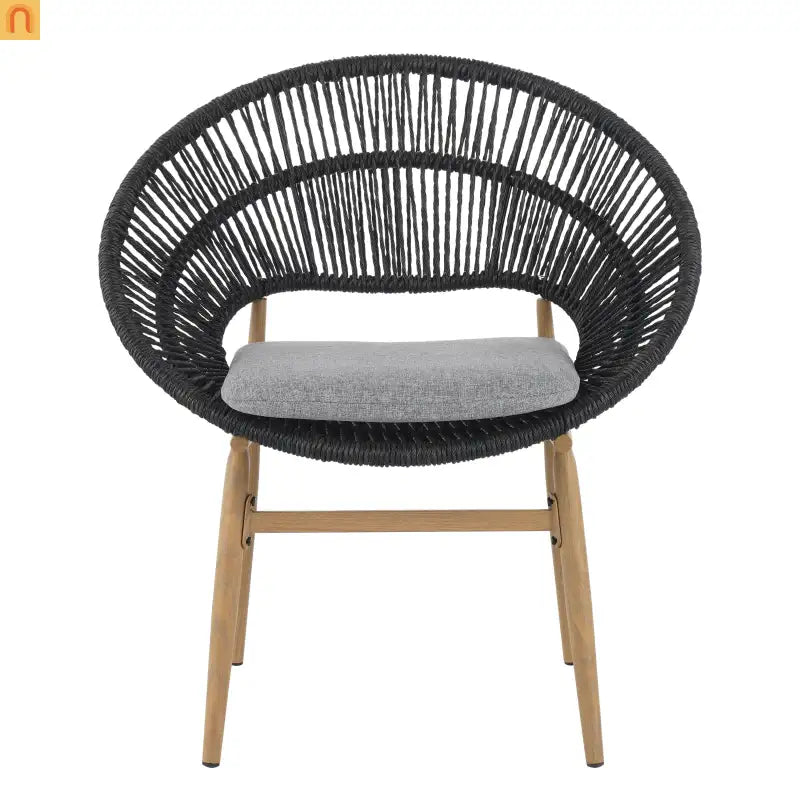 Chair Papasan Style Outdoor Wicker with Gray Cushions and Teak Legs Set of 2