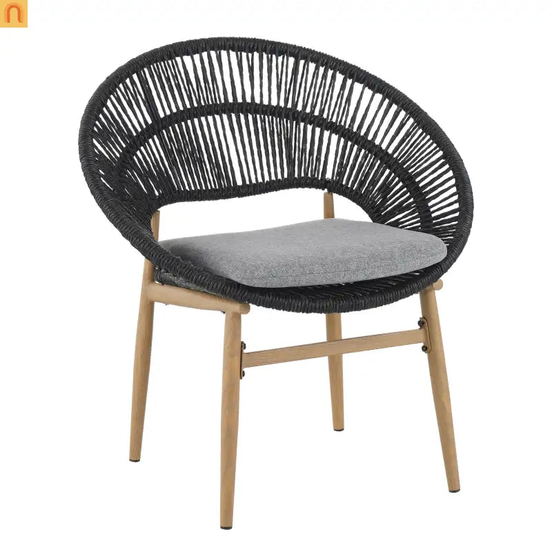 Chair Papasan Style Outdoor Wicker with Gray Cushions and Teak Legs Set of 2