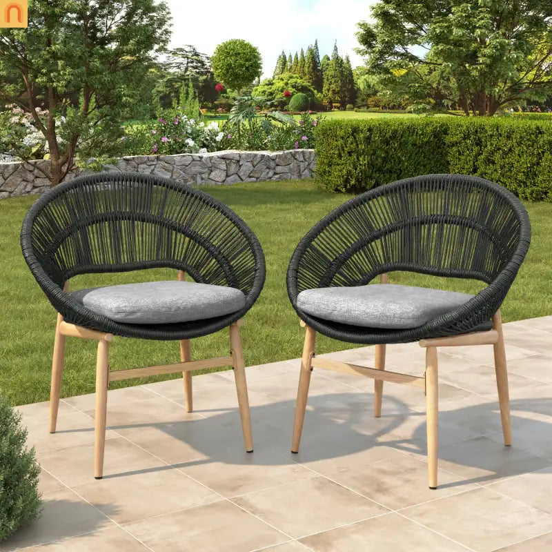 Chair Papasan Style Outdoor Wicker with Gray Cushions and Teak Legs Set of 2