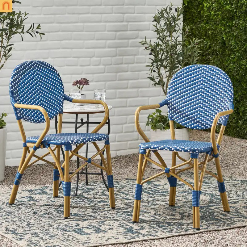 Outdoor Bistro Chair PE Rattan French Style Teal Set of 2