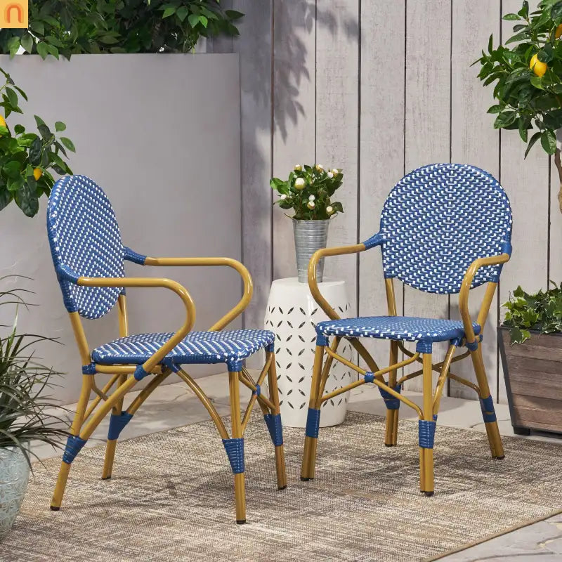 Outdoor Bistro Chair PE Rattan French Style Teal Set of 2