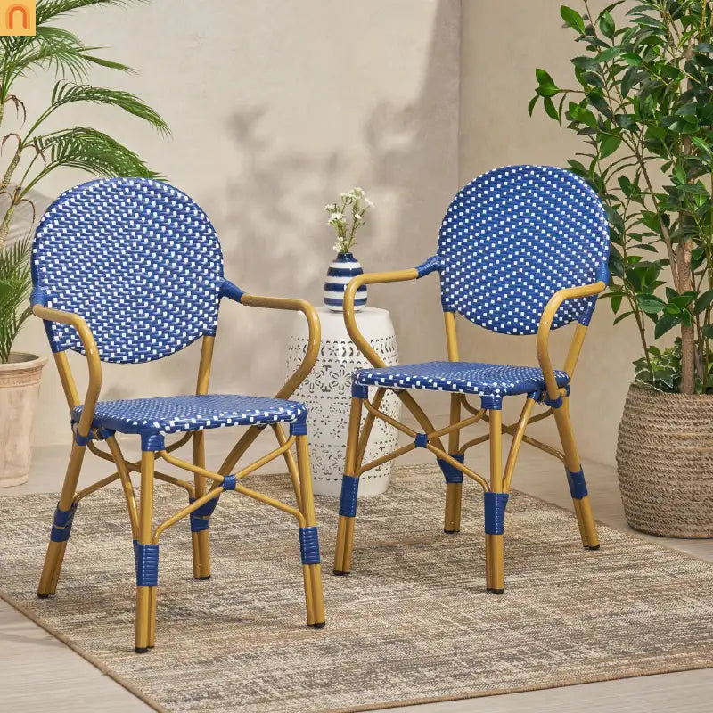 Outdoor Bistro Chair PE Rattan French Style Teal Set of 2